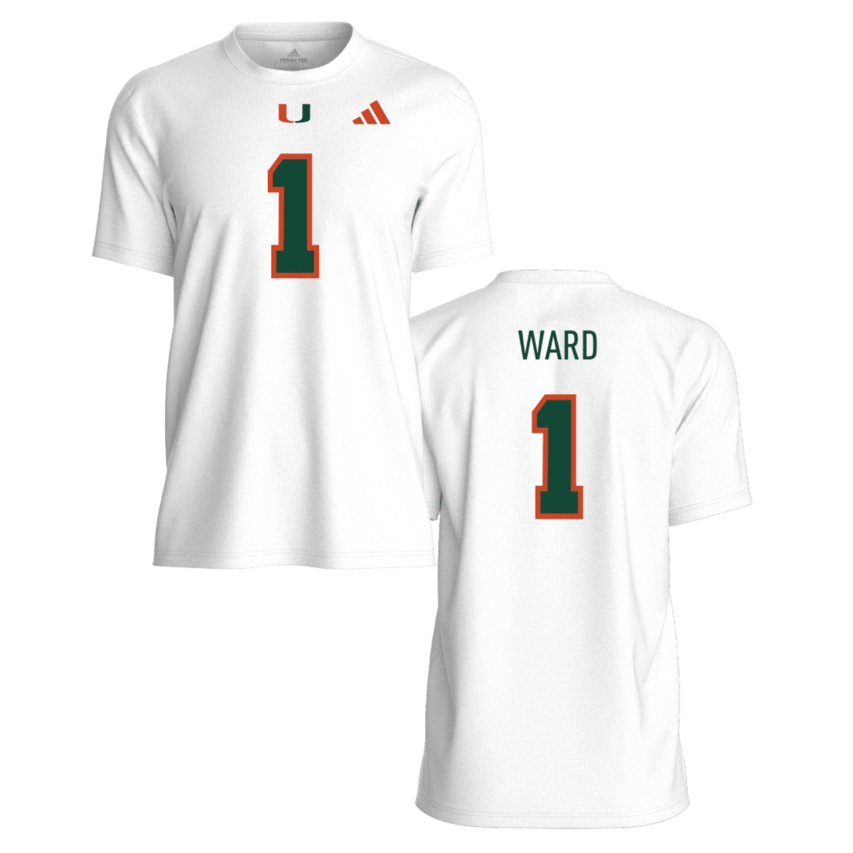 adidas Miami Hurricanes White Cam Ward Jersey T-Shirt - Front And Back View