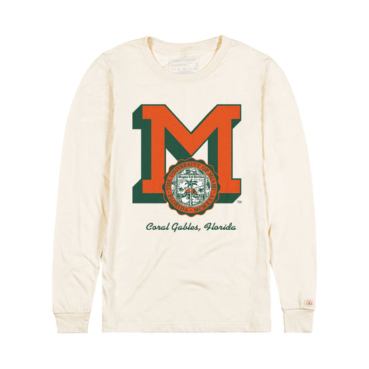 Homefield Miami Hurricanes Cream Vintage M Logo and Seal Long Sleeve T-Shirt