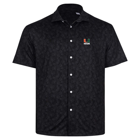 Full Turn Miami Hurricanes Black Floral Pattern Button-Down Shirt with U Logo