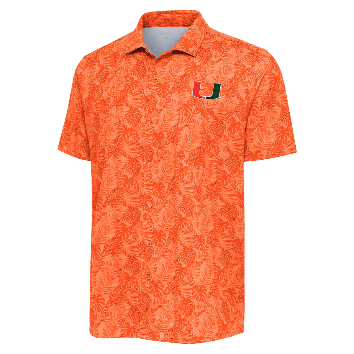 Antigua Miami Hurricanes Orange Floral Button-Down Shirt - Front View