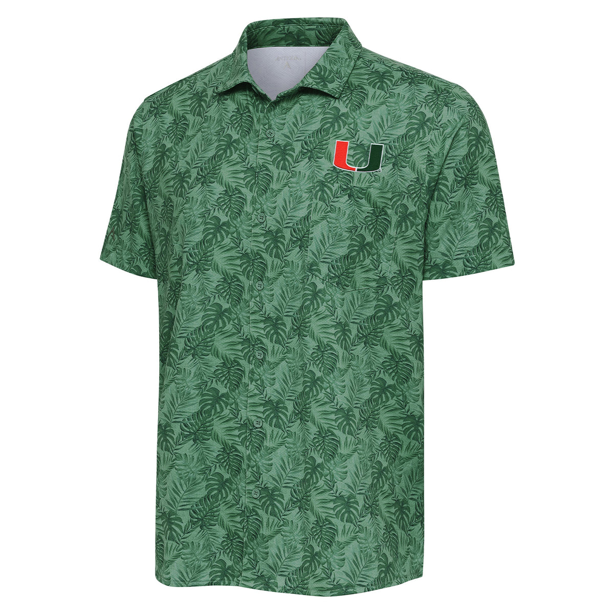 Antigua Miami Hurricanes Green Floral Button-Down Shirt - Front View