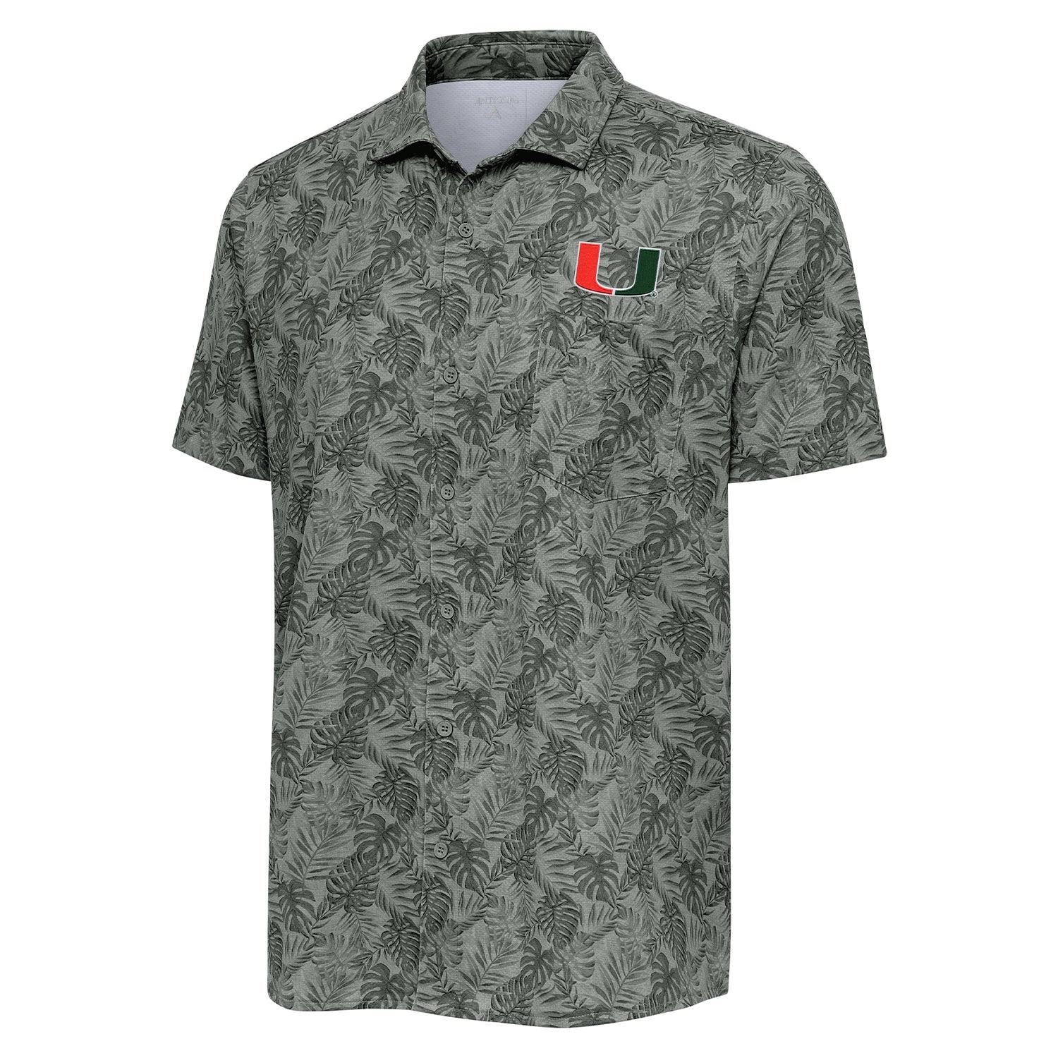 Antigua Miami Hurricanes Grey Floral Button-Down Shirt - Front View