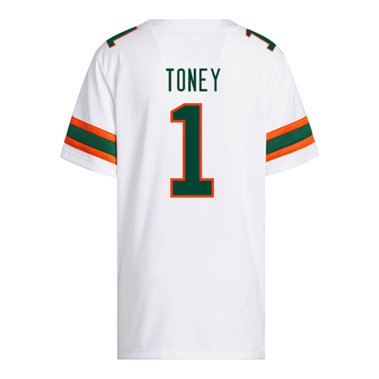 adidas Miami Hurricanes #1 Malachi Toney Student Athlete White Football Jersey - Back view