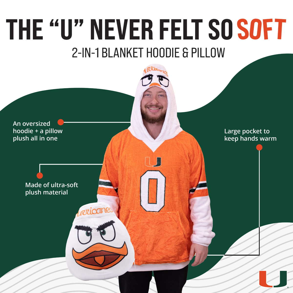 Orange Onions Miami Hurricanes Sebastian Snugible 2-in-1 Blanket Hoodie &amp; Pillow