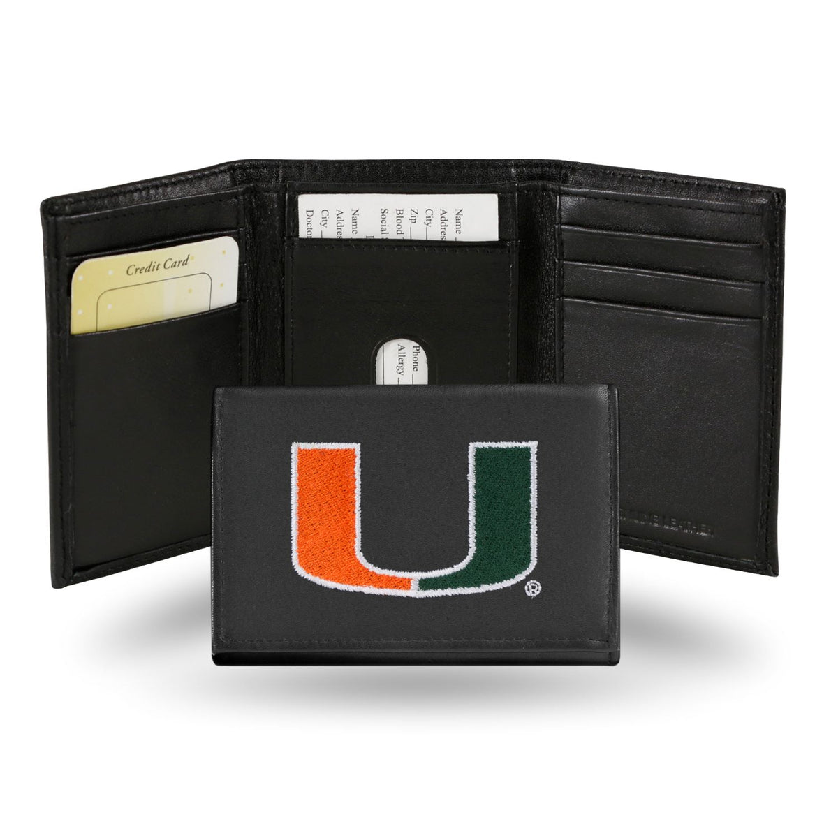 Rico Industries, Inc. Miami Hurricanes Black Embroidered Leather Tri-fold Wallet