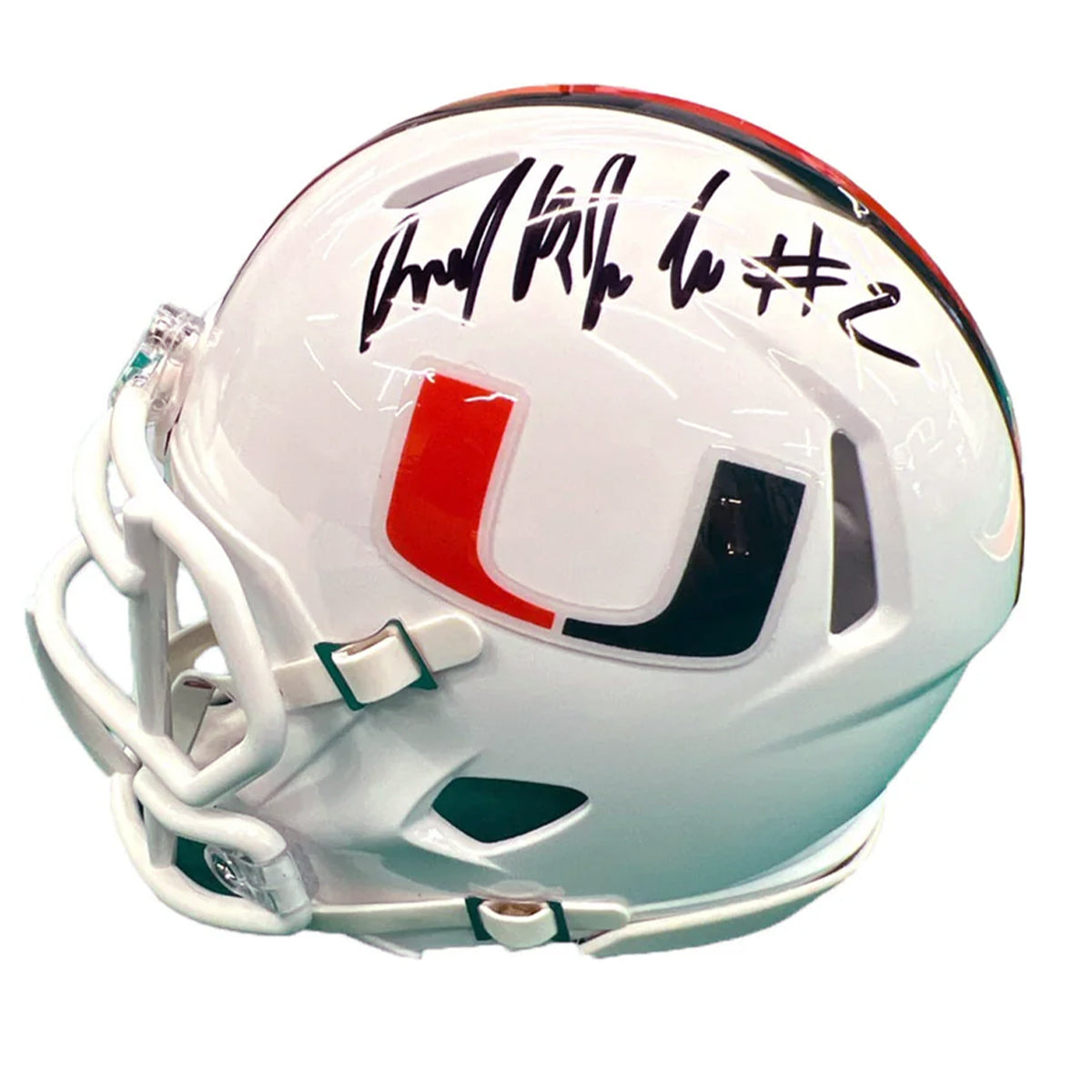 Riddell Miami Hurricanes Student Athlete #2 Daryl Porter, Jr. White Mini Football Helmet - Main View