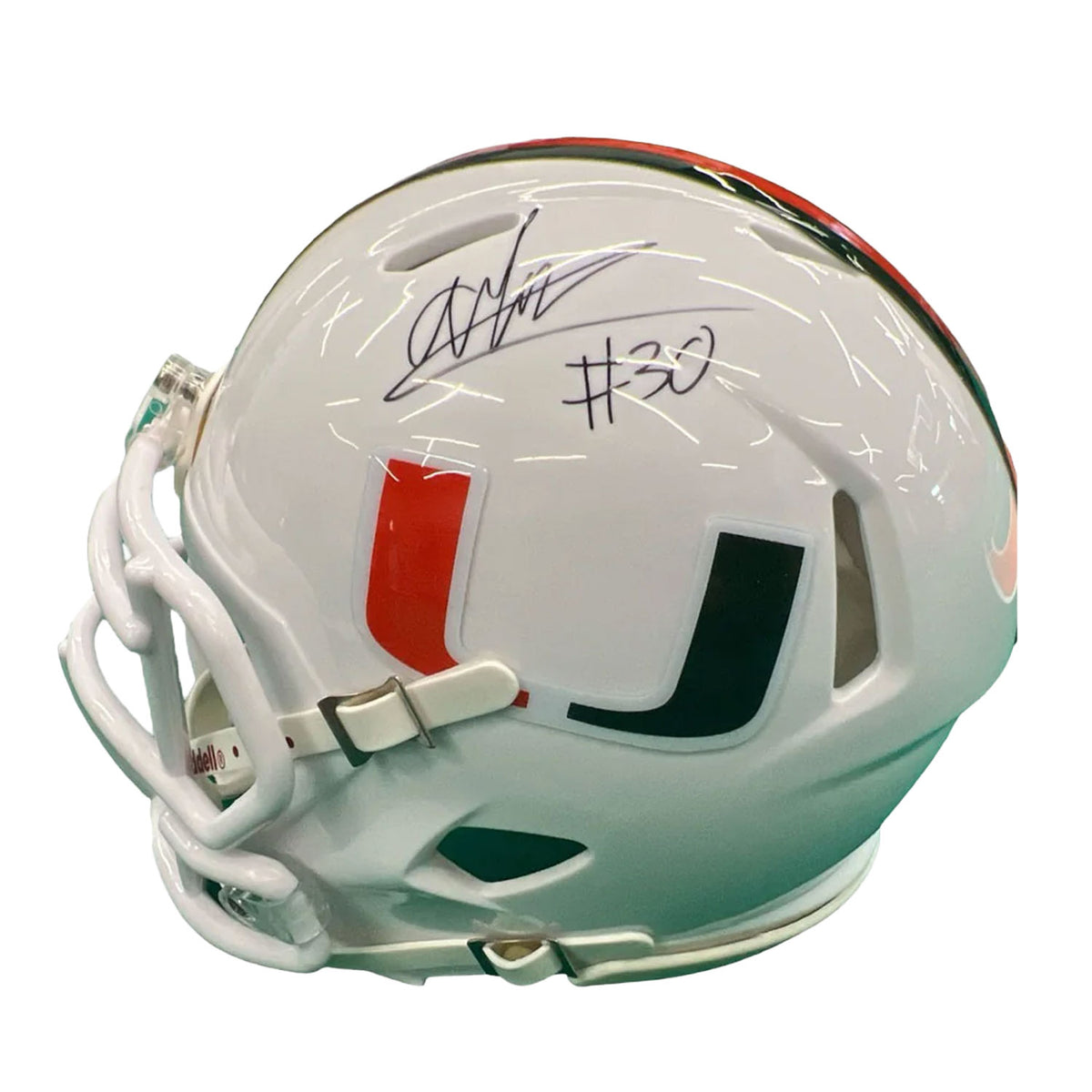 Riddell Miami Hurricanes Student Athlete #30 Andres Borregales White Mini Football Helmet