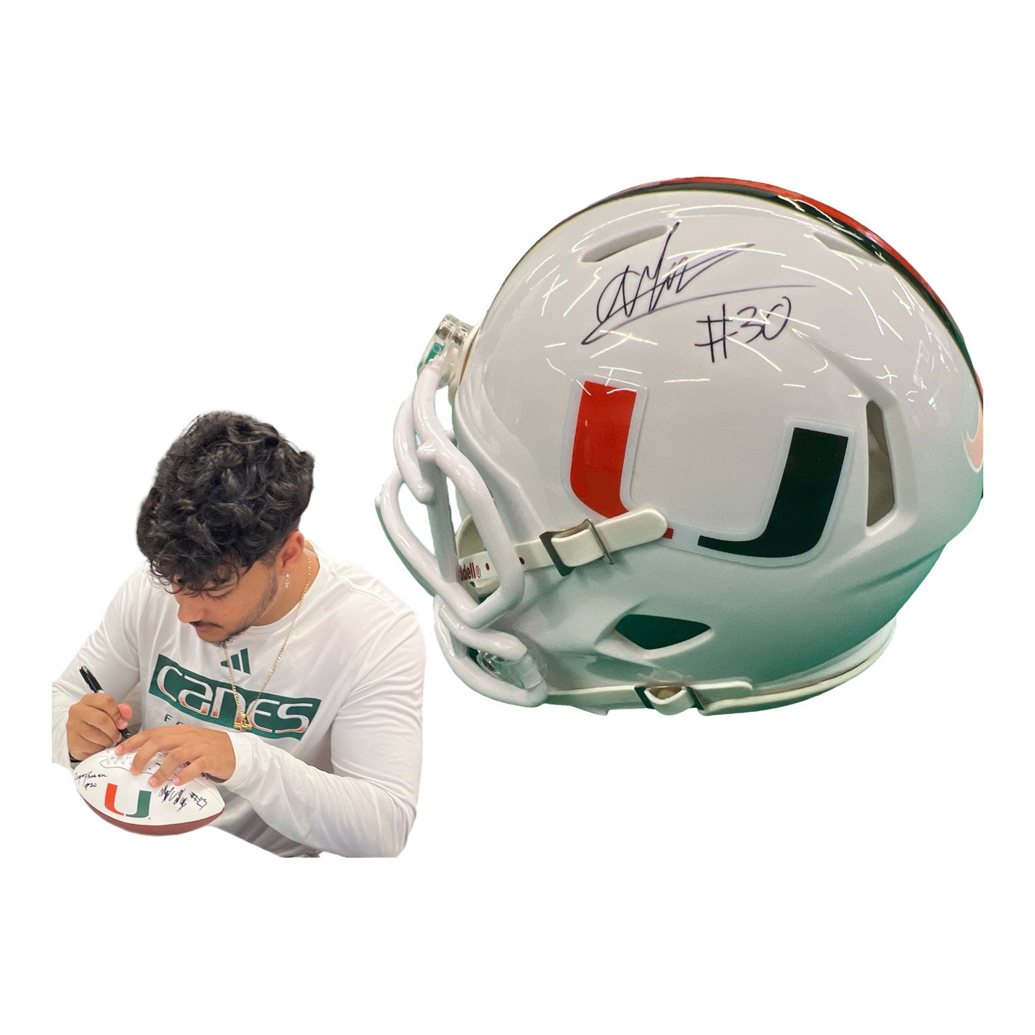 Miami Hurricanes Student Athlete #30 Andres Borregales Mini Football Helmet - Main View