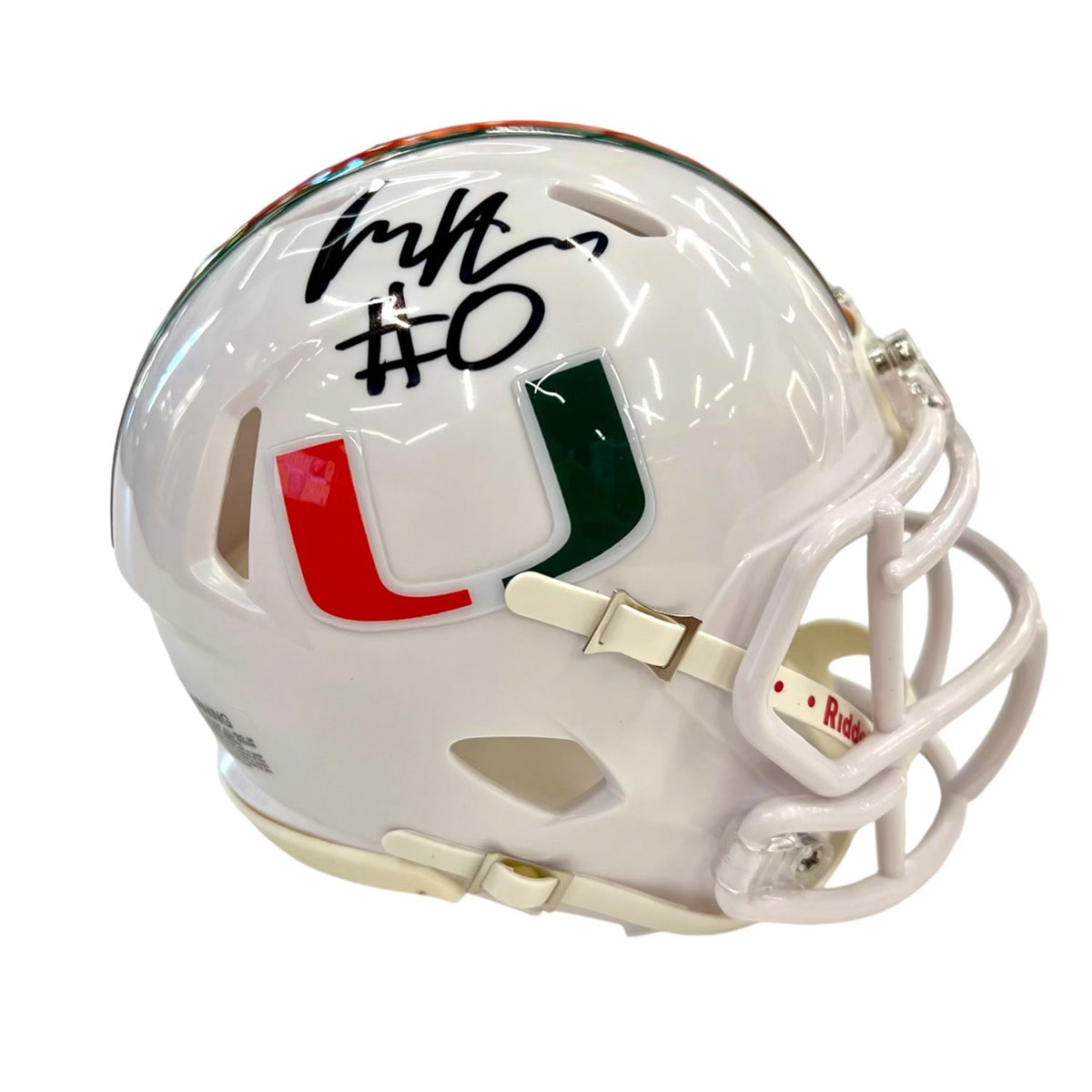 Riddell Miami Hurricanes Student Athlete #0 Mishael Powell White Mini Football Helmet