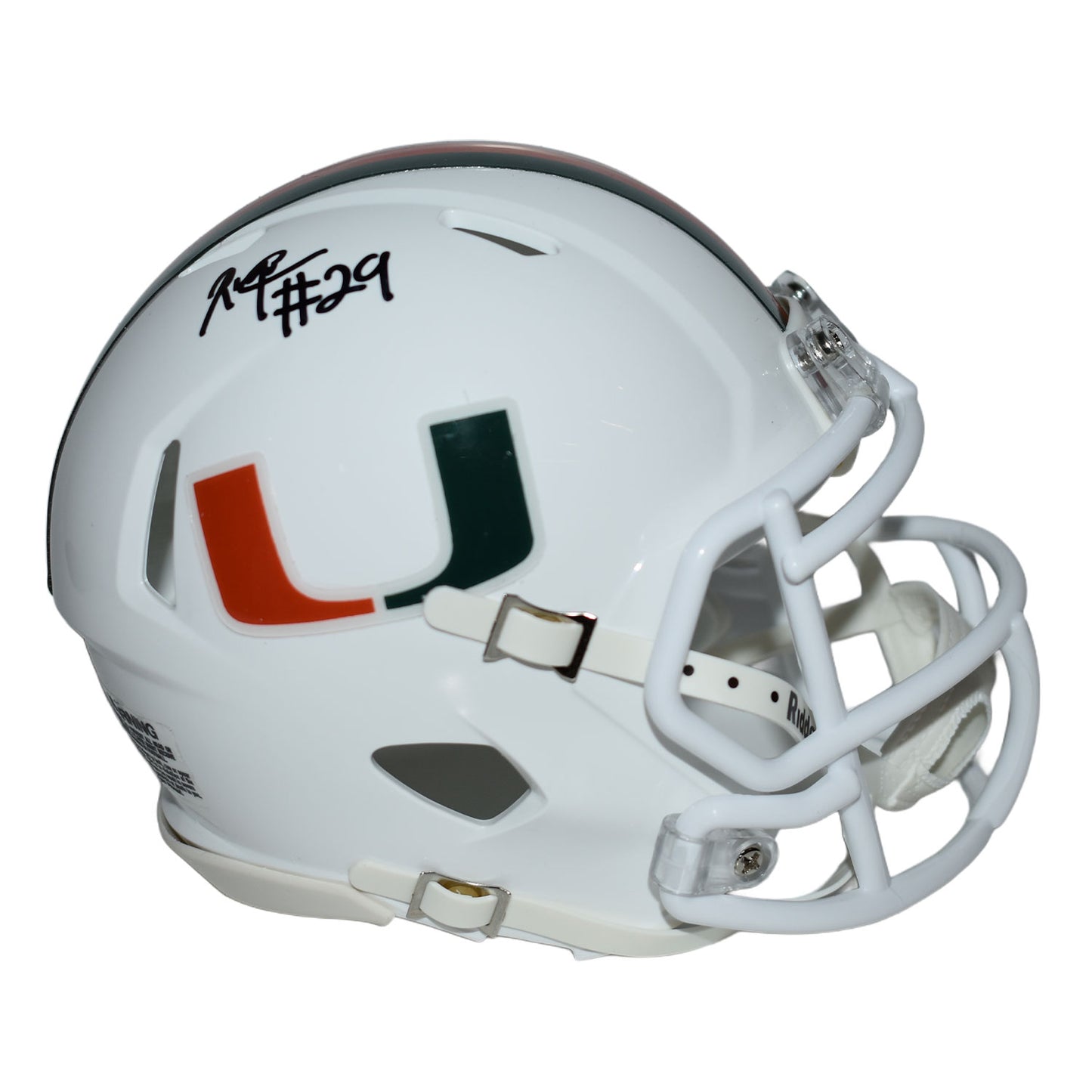 Riddell Miami Hurricanes Student Athlete #29 OJ Frederique Autographed White Mini Football Helmet
