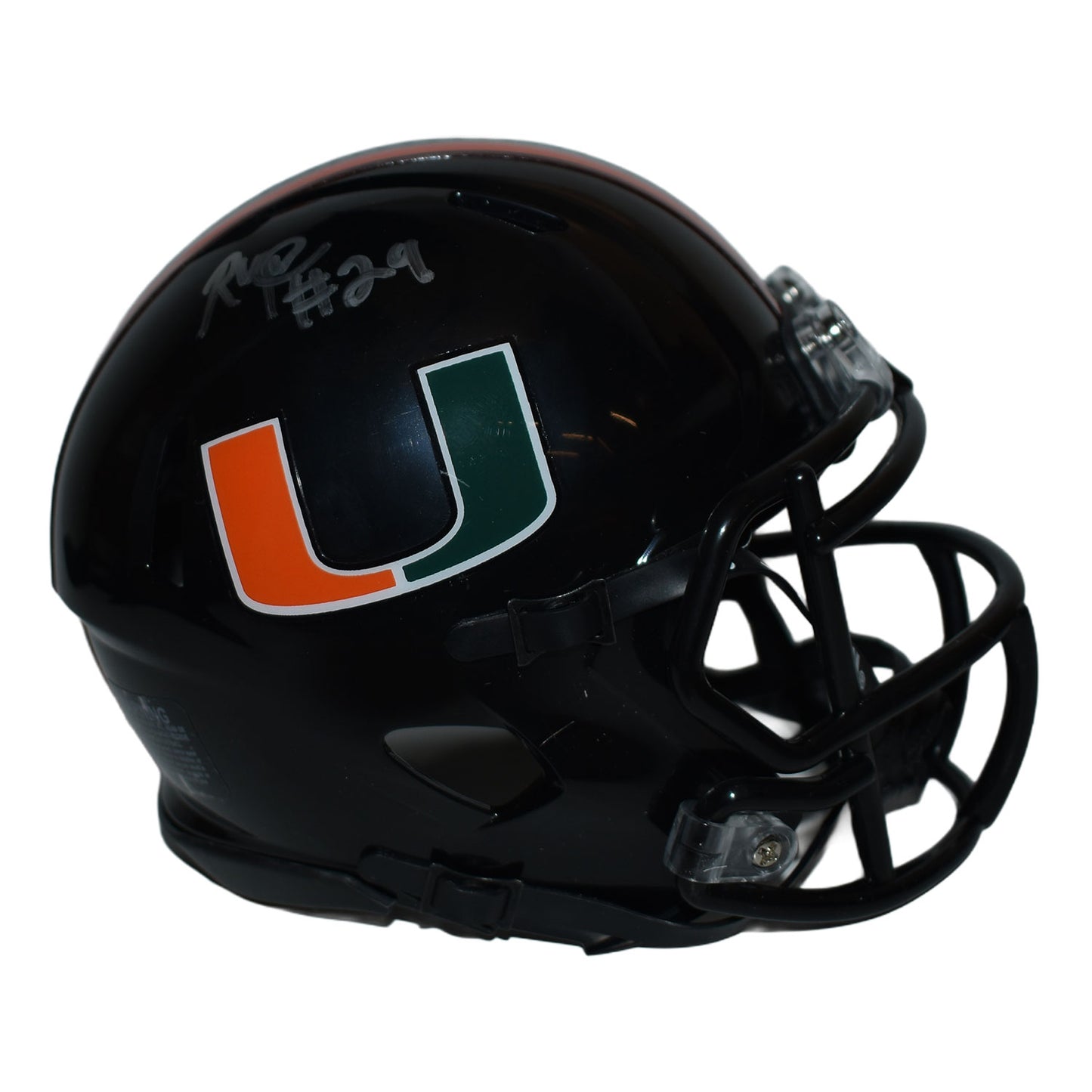 Riddell Miami Hurricanes Student Athlete #29 OJ Frederique Autographed Black Mini Football Helmet