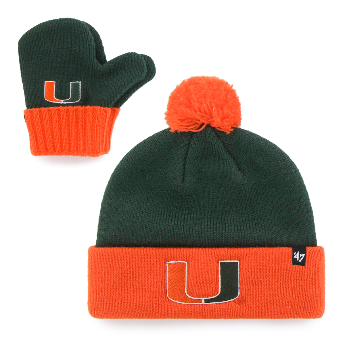 '47 Brand Miami Hurricanes Youth Green and Orange U  Knit Glove Set