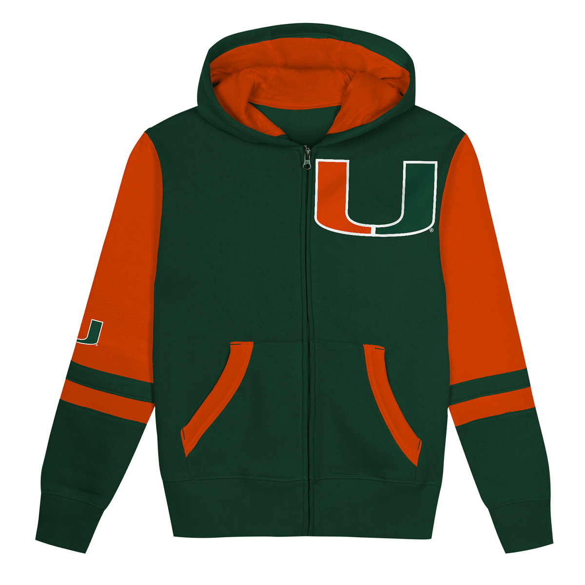 Outerstuff Miami Hurricanes Youth Green and Orange Full Zip Sweatshirt - Front View