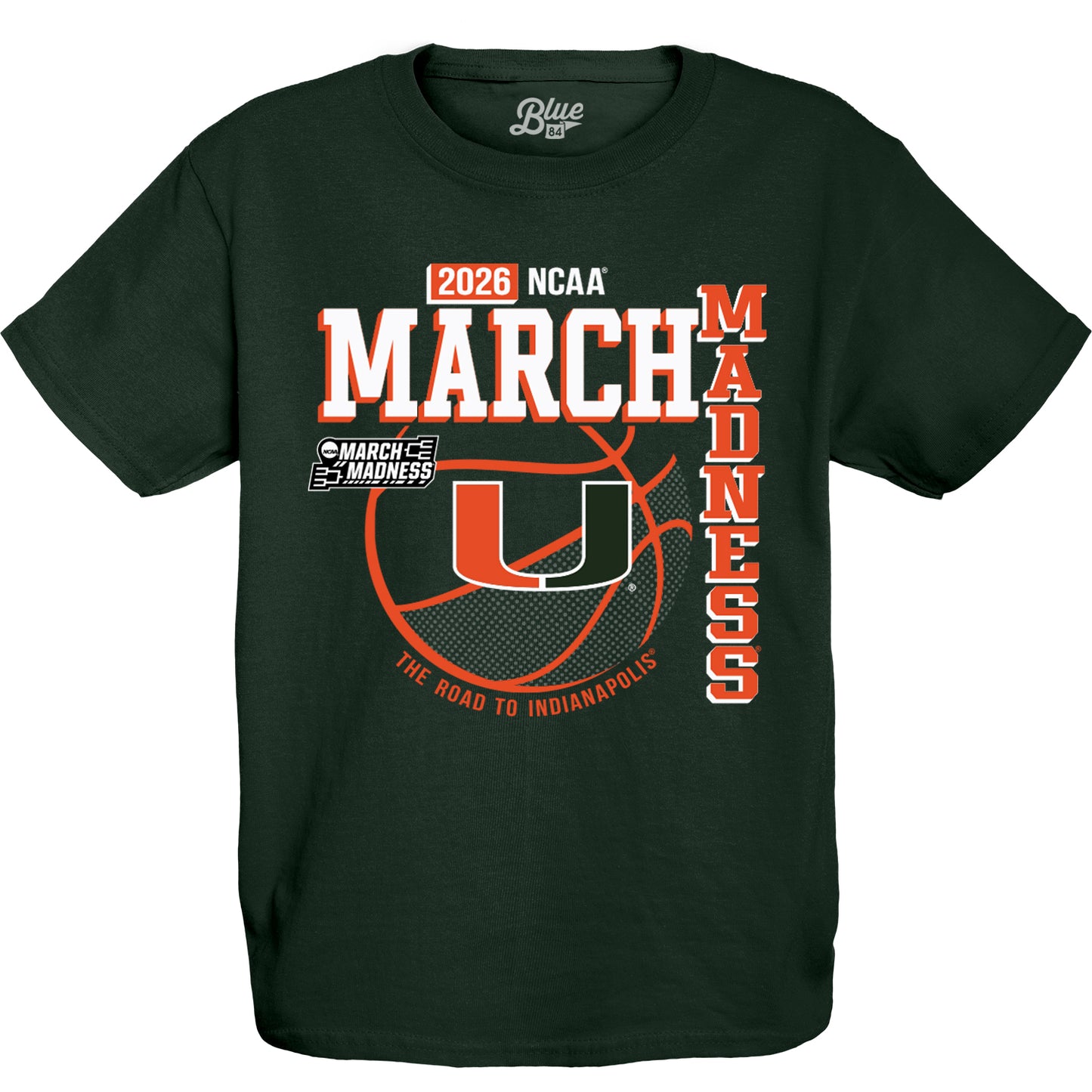 Blue 84 Miami Hurricanes Youth Green 2026 Men's Basketball March Madness Road to Indianapolis T-Shirt