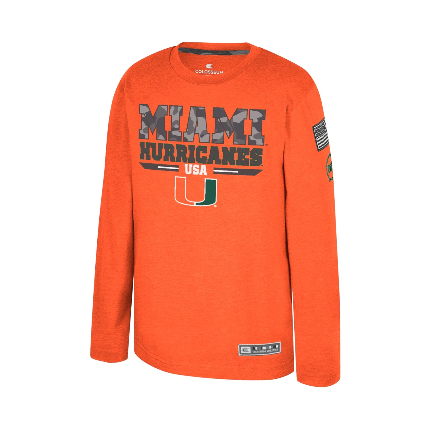 Colosseum Miami Hurricanes Youth Orange OHT Miami Hurricanes USA Camo Long Sleeve T-Shirt - Front View