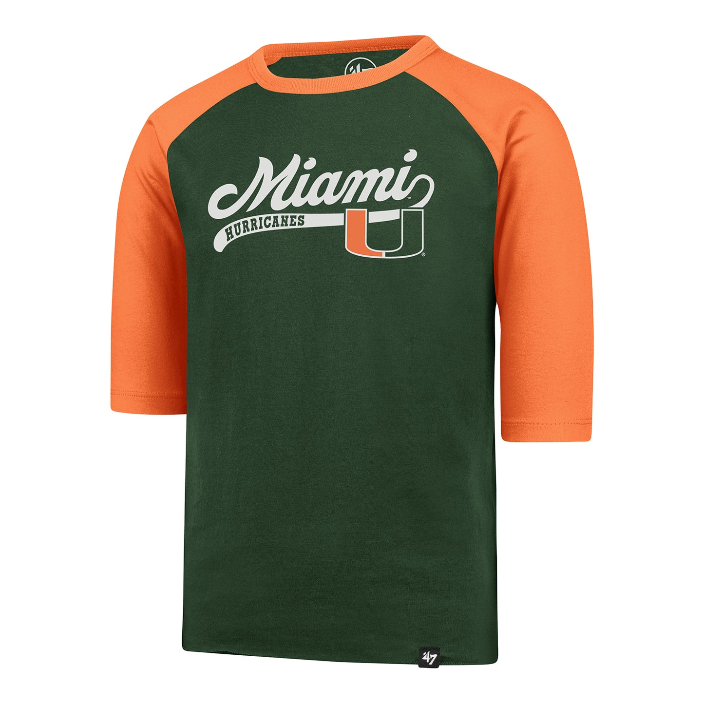 '47 Brand Miami Hurricanes Youth Green & Orange 3/4 Sleeve Miami Hurricanes Script T-Shirt