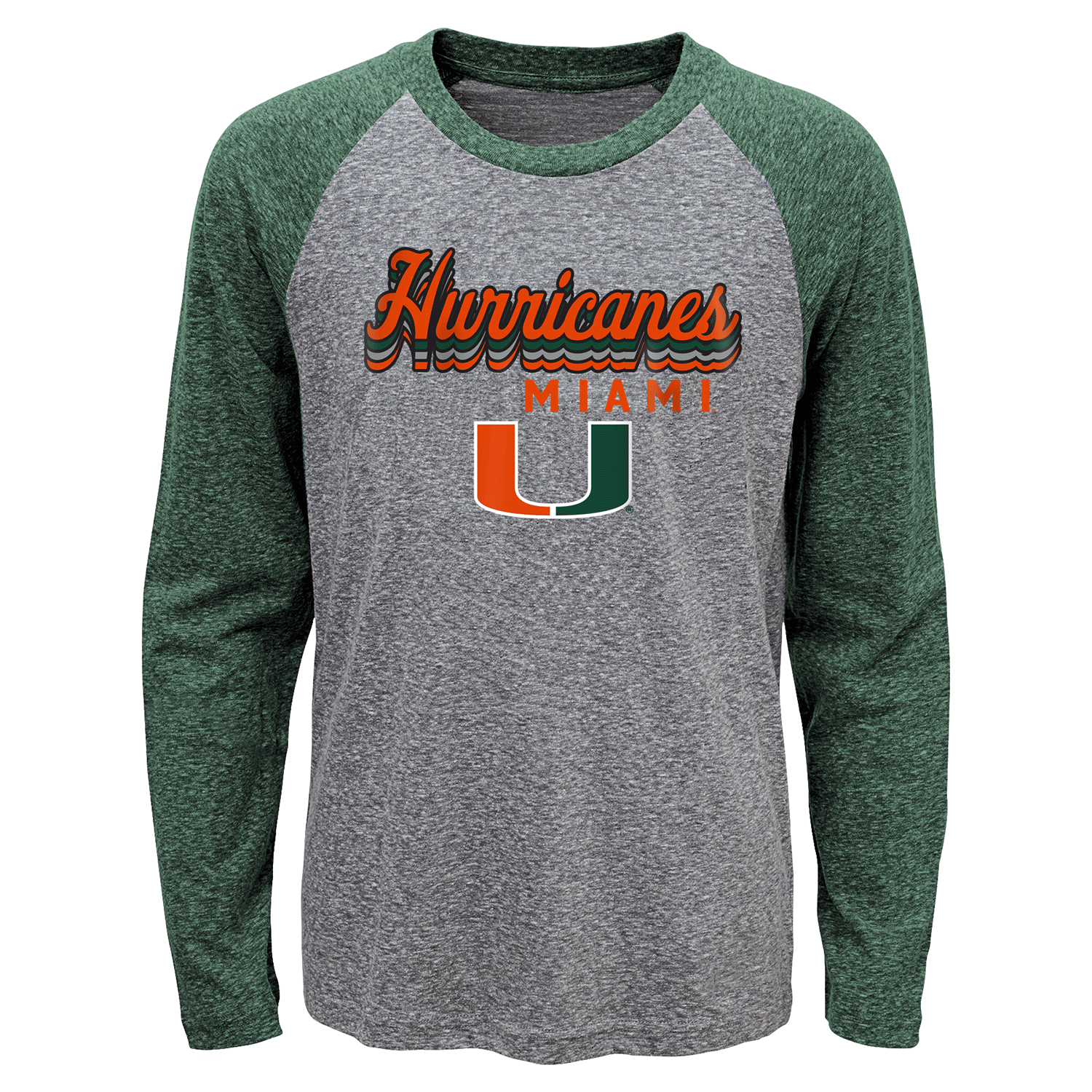 Outerstuff Miami Hurricanes Youth Grey and Green Long Sleeve T-Shirt - Front View