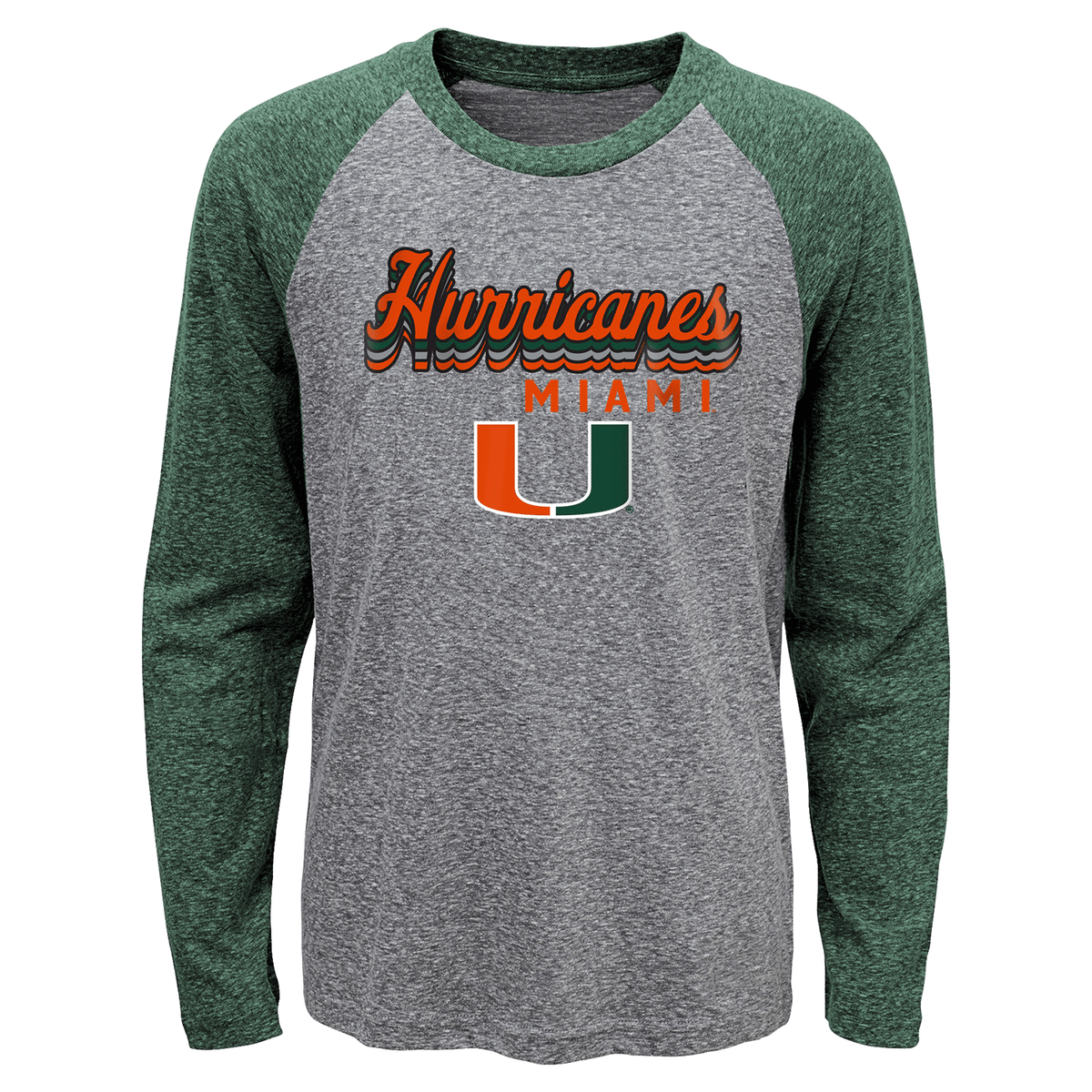 Outerstuff Miami Hurricanes Youth Grey and Green Long Sleeve T-Shirt - Front View