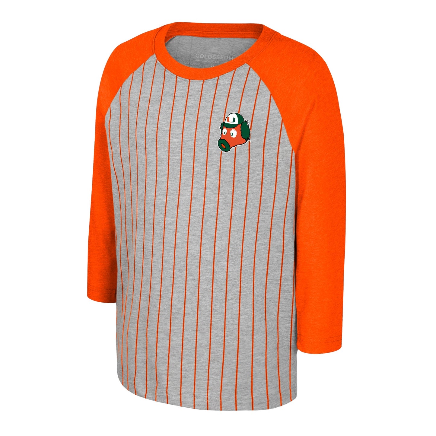 Colosseum Miami Hurricanes Youth Grey Pinstripe Maniac Raglan Tee