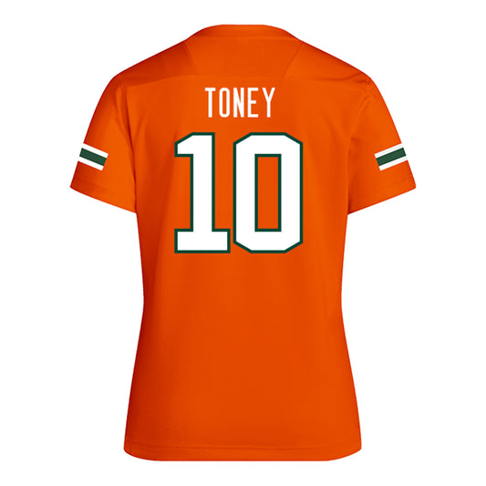 adidas Miami Hurricanes Women's #10 Malachi Toney Student Athlete Orange Football Jersey