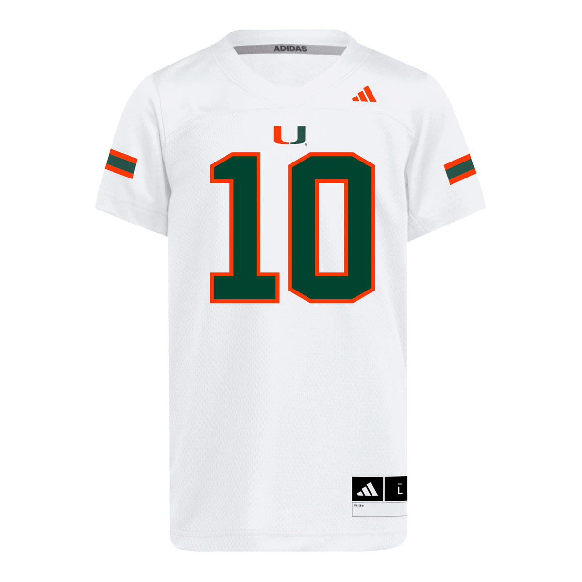 adidas Miami Hurricanes Youth #10 Malachi Toney Student Athlete White Football Jersey
