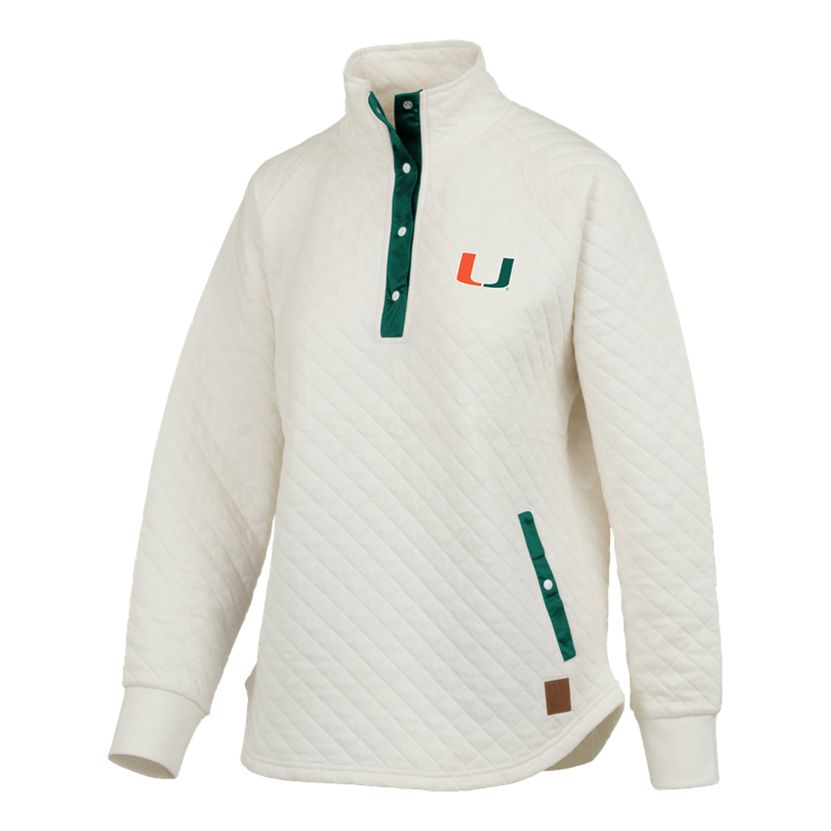 Pressbox Miami Hurricanes Women&#39;s White Quilted U Logo 1/4 Zip Sweatshirt - Front View