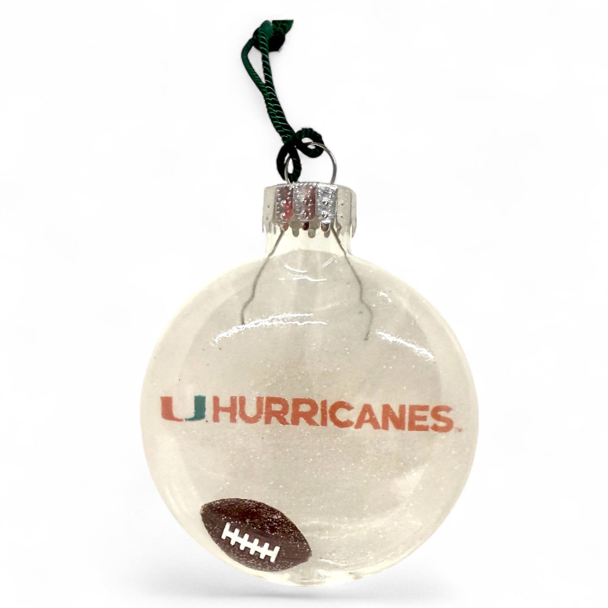 Lusso Style Miami Hurricanes White Shimmer Football Ornament
