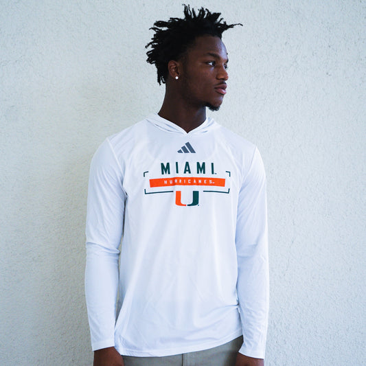 adidas Miami Hurricanes White D4T Football Hooded Long Sleeve T-Shirt