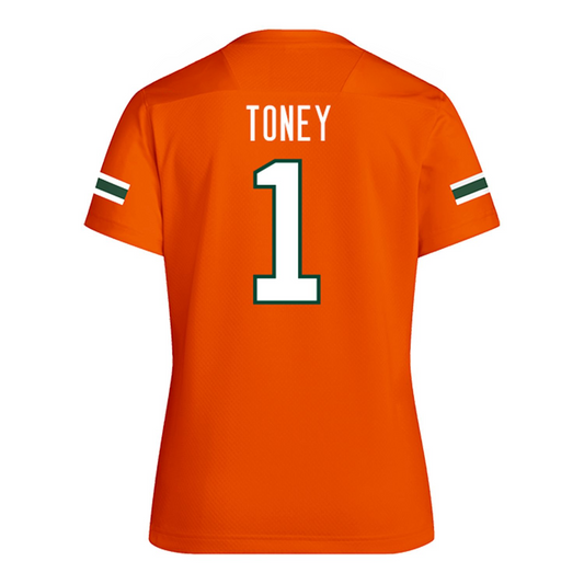 adidas Miami Hurricanes Women's #1 Malachi Toney Student Athlete Orange Football Jersey