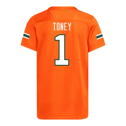 adidas Miami Hurricanes Youth #1 Malachi Toney Student Athlete Orange Football Jersey