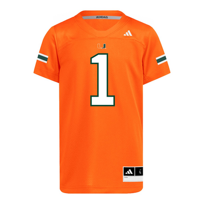 adidas Miami Hurricanes Youth #1 Malachi Toney Student Athlete Orange Football Jersey