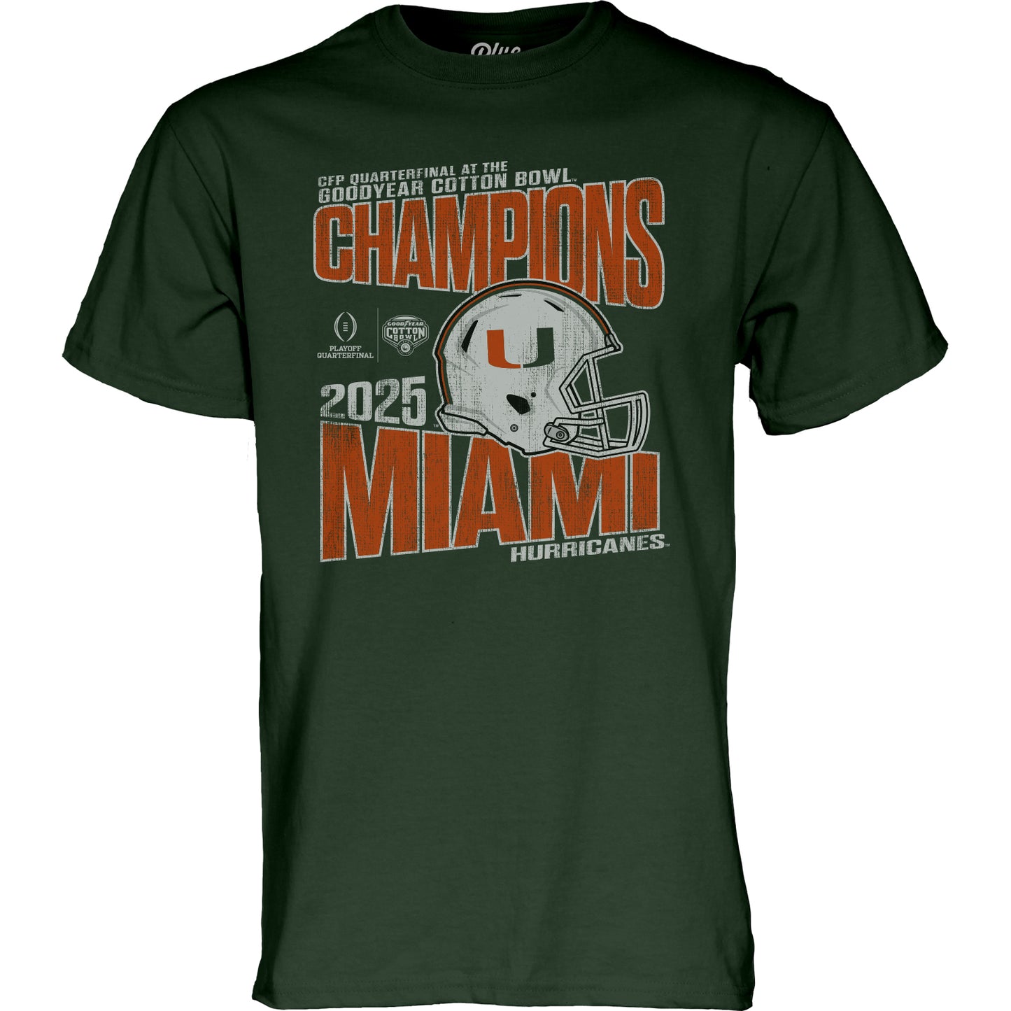 Blue 84 Miami Hurricanes Green 2025 College Football Playoff Cotton Bowl Champions T-Shirt